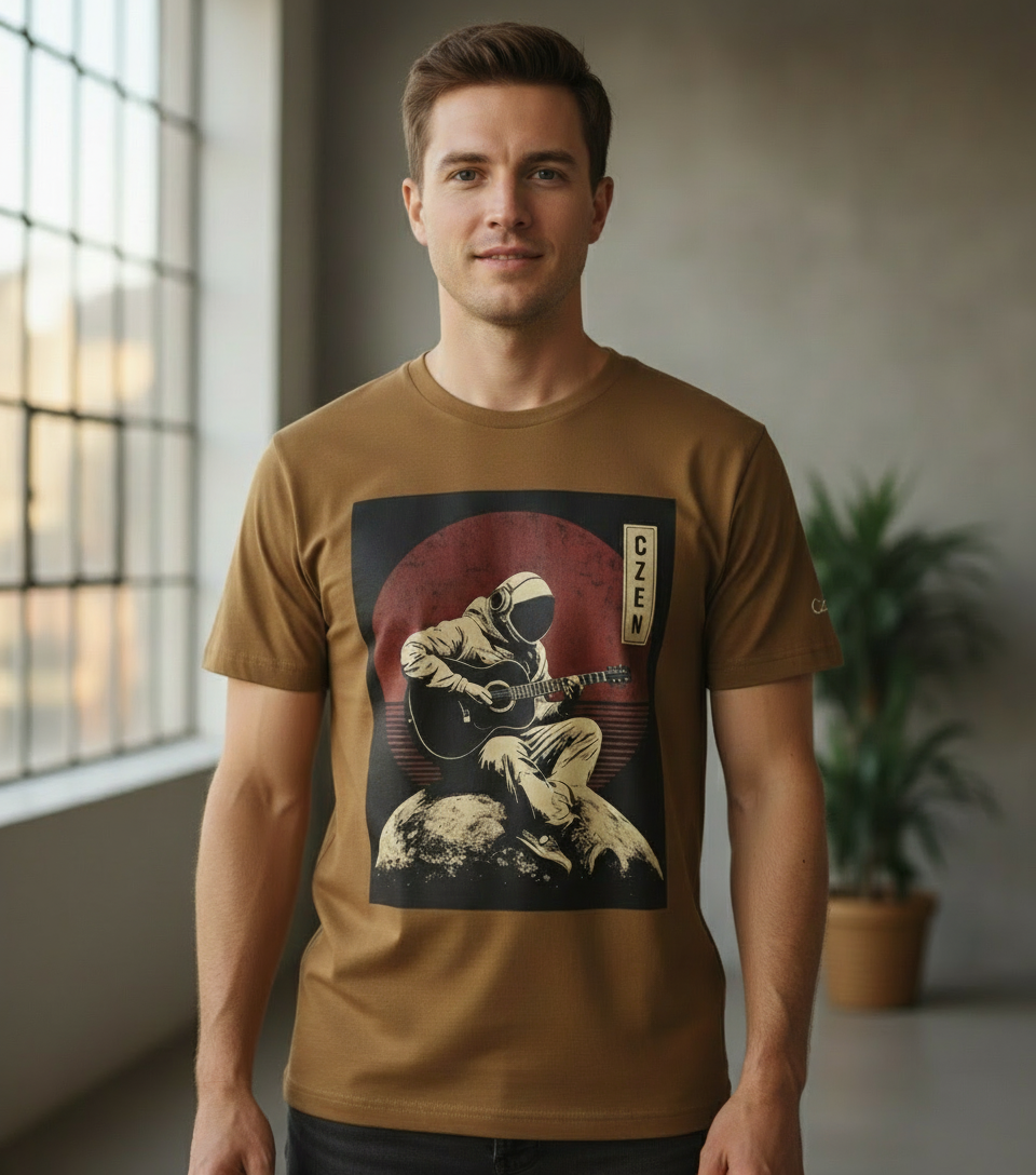 Astronaut with guitar printed Brown T-Shirt - Premium Cotton (220 GSM)