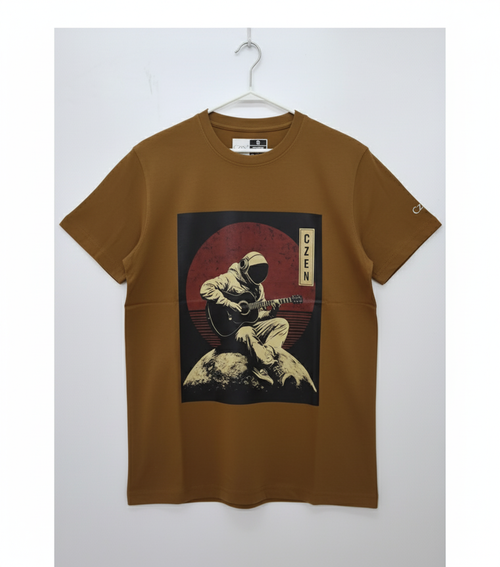 Astronaut with guitar printed Brown T-Shirt - Premium Cotton (220 GSM)