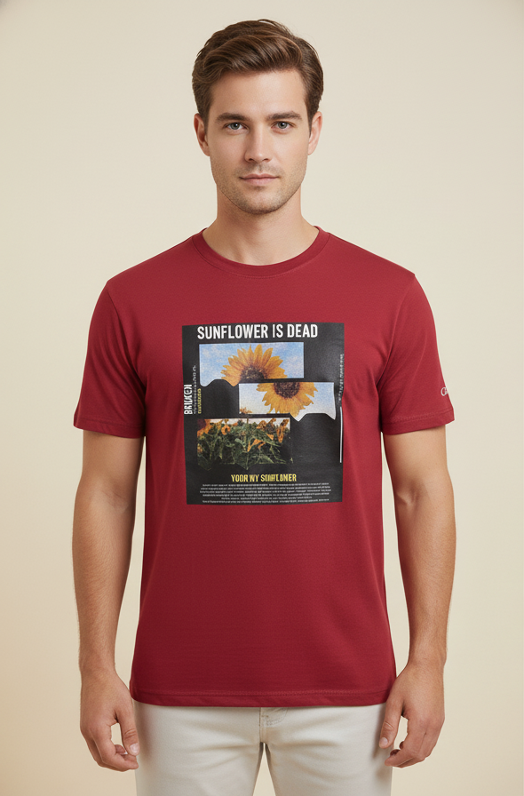Sunflower Graphic Cotton Tee - Red (220 GSM) | Limited Edition